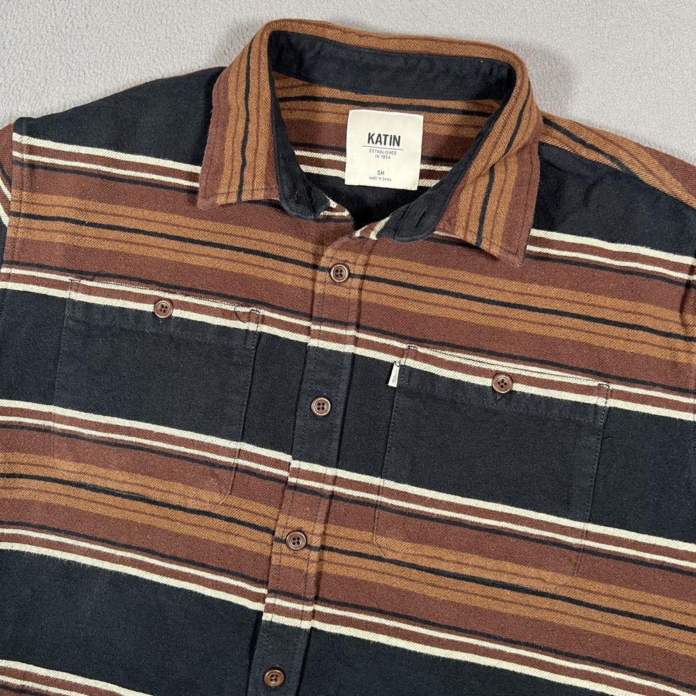 Katin Shirt Mens S Sierra Flannel Brown Black Striped‎ Button Up Double Pockets